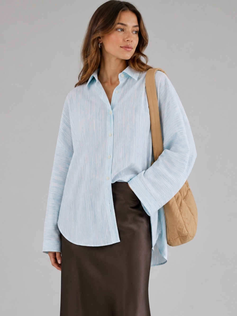 Calvin Klein Aqua White Abstract Stripe Button Down Blouse NWOT Oversized Size M